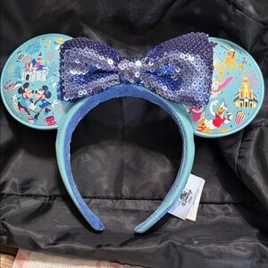 Disney Aqua Park-Print Minnie Ears with Purple Sequin Bow